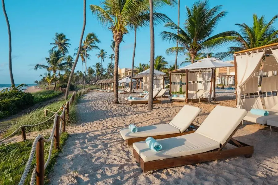 Vista tranquila de uma praia com espreguiçadeiras brancas sob guarda-sóis, rodeadas por palmeiras e uma cerca de corda. O céu claro e a areia dourada criam um ambiente relaxante e tropical